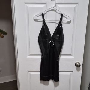 Latex Black Mini Dress with Ring Detail